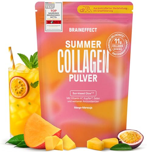 BRAINEFFECT SUMMER COLLAGEN - Pulver für Speisen & Getränke | Peptid Typ 1 und 3 | Fruchtiger Geschmack ohne Zucker | Made in Germany | 450g | Mango-Maracuja