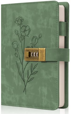 Lock Diary for Women Diary with Lock for Girls A5 Leather Locked Journal 260 Pages 100 GSM Refillable Journal with Lock for Teens Secrets Flower Journals with Combination Passwords, 5.7x8.3, Green