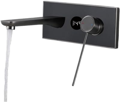 Robinet de Salle de Bain en Laiton Noir Affichage numérique Panneau en Verre Conception de paroi Unique Handle Fauce de Bassin à Double Commande Chaud Froid (Bourgogne)