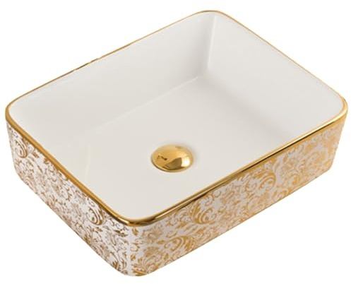 LXTEDJ Stile Europeo Bagno Lavatoio Ceramica, Oro Bianco, Lavabo da Appoggio, Mobile Lavatoio, Con Scarico a Scomparsa, Adatto Per Mobiletto del Bagno, Toletta-48X37X13CM-08