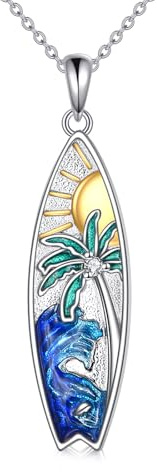 YONFQE Palmträd kedja sterlingsilver surfbräda hänge palmträd surfbräda smycken presenter för kvinnor