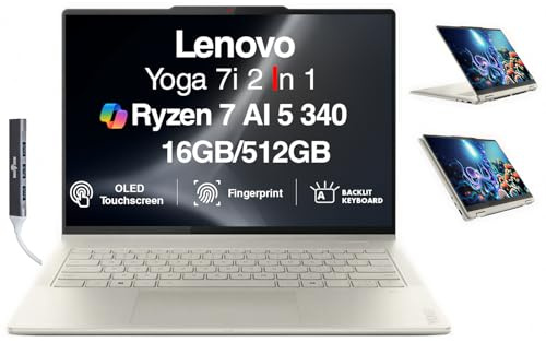 Lenovo Yoga 7 2 en 1 Copilot+ Laptop OLED Touch de 14 pulgadas, 100% DCI-P3, 600 nits HDR (AMD Ryzen AI 5 340 (hasta 50 Tops), 16 GB DDR5, 512 GB SSD, KB retroiluminado, FP, cámara web de 5.0 MP