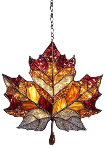 Maple Leaf Suncatcher | Acrylic Stained Glass Window Hanging Ornament | Maple Leaves Fall Suncatcher for Window | Autumn Wall Art Decorations for Thanksgiving Halloween Parties Supplies