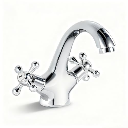 Basin Mixer Tap Bathroom Sink Taps Chrome, Victorian Basin Sink Tap Brass, Dual Cross Lever Bathroom Sink Mixer Faucet with Standard Hoese, G1/2
