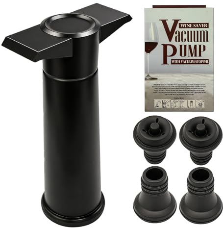 Vacuum Pump with 4 Reusable Wine Stopper, Wine Bottle Stopper, Black Preserver Pump for Wine, Airtight Seal, Keep Wine Fresh Longer, Ideal for Red/White Wine Preservation