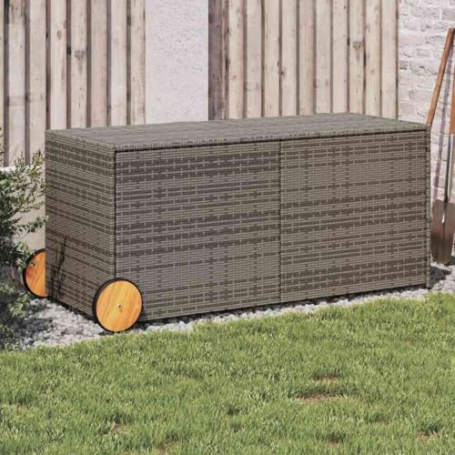 Ordellia Gartenbox mit Rollen Grau 283L PE Rattan Truhenbank für Kissen Auflagen Terrassenbox Balkonbox Outdooraufbewahrung