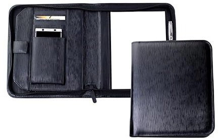 DELMON VARONE - Personalisierbare Tablet und Smartphone Schreibmappe DIN A5 aus Premium Manhattan Leder schwarz, Organizer Geschäftsmappe mit Notizblock, Stiftschlaufe, Steckfächer & Reißverschluss