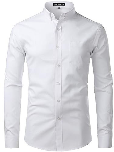 PARKLEES Men's Slim Fit Long Sleeve Smart Casual Button Down Oxford Shirts PZ111 White M