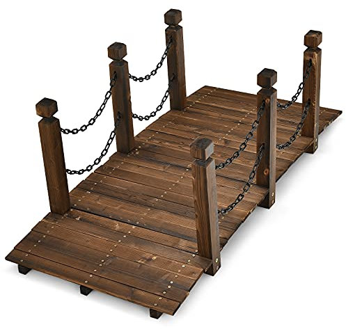 RELAX4LIFE Gartenbrücke mit Geländer & Ketten, Teichbrücke aus Massivholz, Holzbrücke mit Belastbarkeit bis zu 180 kg, 150 x 67 x 55 cm, Dekobrücke für Bauernhof Garten Teich (Dunkelbraun)