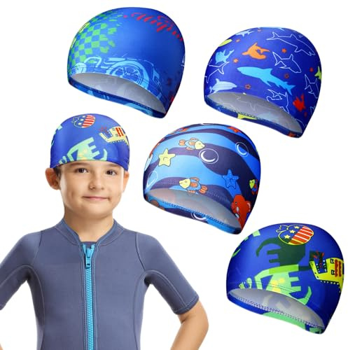 Geyoga 4 Pieces Kids Swim Caps for Boys Girls Age 2-10 Toddler Swimming Hat Nylon Breathable Elastic Children Pool Cap Bathing Cap for Kids Boys Girls (Blue,Multi Style)
