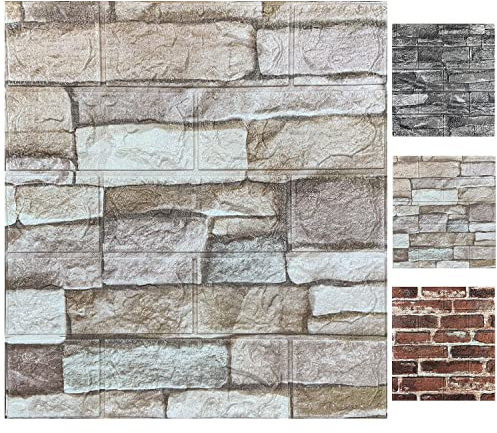 10 paneles de pared 3D para despegar y pegar, papel tapiz de ladrillo 3D de espuma para despegar y pegar, panel de pared de piedra sintética autoadhesivo (10 unidades, color piedra)
