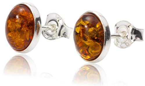 LIGURIUS Pendientes de Plata de Ley 925 de Ámbar Báltico - Pequeños de Coñac, Piedras Preciosas Naturales, Joyería para Mujer