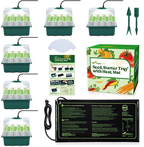 Seedfactor 7-Pack Seed Starter Kit with Grow Light (12 Cells per Tray), Plant Germination Trays with Adjustable Humidity Dome Seed Trays Seedling Starter with Base Trays for Germination
