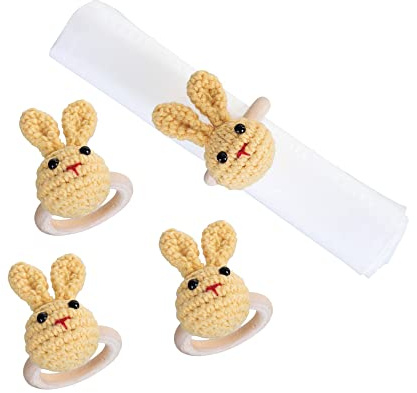 C&F Home Easter Yellow Knitted Bunny Rabbit Napkin Ring Set of 4 Spring Springtime Celebration Dinner Lunch Party Cloth Napkin Holder Serving Décor Decoration S/4 Multicolored