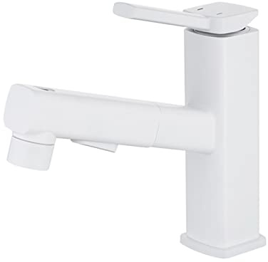 Wasserhahn Bad Ausziehbar Waschbecken Armaturen Einloch Waschtischarmatur mit Zugstange,Weiss
