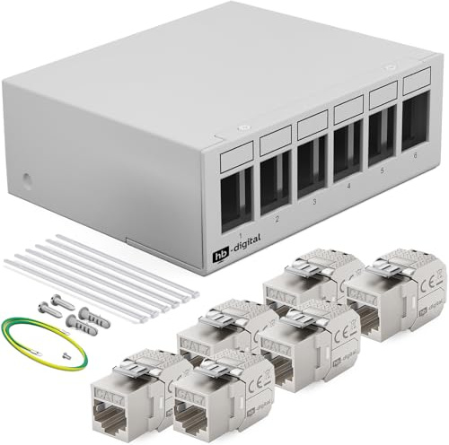 HB-DIGITAL 6-Port Patchpanel Patchfeld Verteilerfeld 1 HE 6x CAT 7 RJ45 Keystone Jack Modul vollgeschirmt STP 10 Gbps Kompatibel mit Verlegekabel Netzwerkkabel Ethernet LAN - Hellgrau