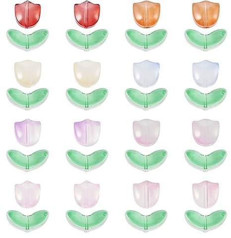 Boutigem 160Pcs Lampwork Tulip Flower Bead Green Leaf Beads Glass Loose Flower Beads for Jewelry Making DIY Bracelet Necklace Earring Decor