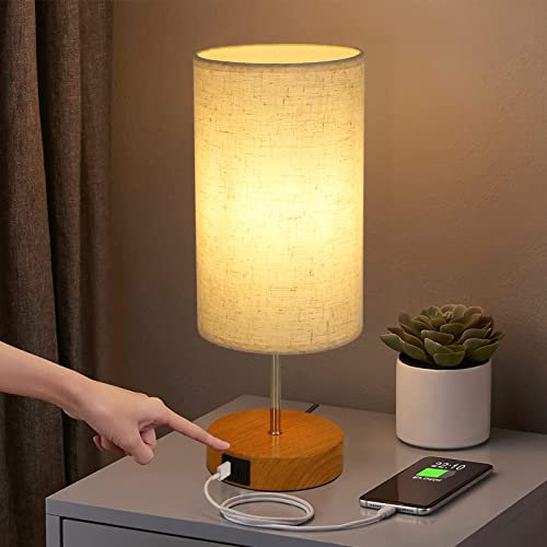 GBLY Nachttischlampe Touch Dimmbar mit Ladefunktion - Vintage Tischlampe mit USB Anschlüsse Nachttisch Lampe Holzoptik Bettlampe mit Stoffschirm Tischleuchte E27 für Schlafzimmer Hotel Bett Flur