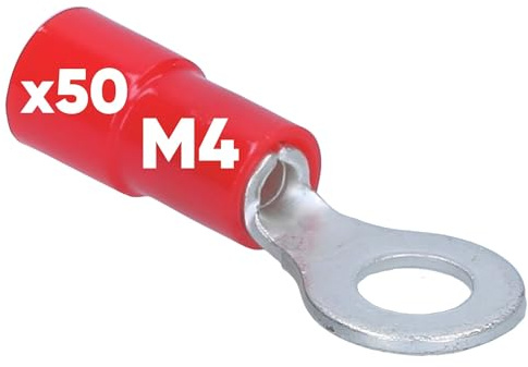 50 Stück Kalitec RKSRM4 Ringkabelschuh 0,5-1mm² I teilisoliert M4 rot I Kupfer I PVC Kragen I zum Verbinden von Kabeln oder Litzen I Kabelschuh I Kabelverbinder I schützt elektrische Verbindungen