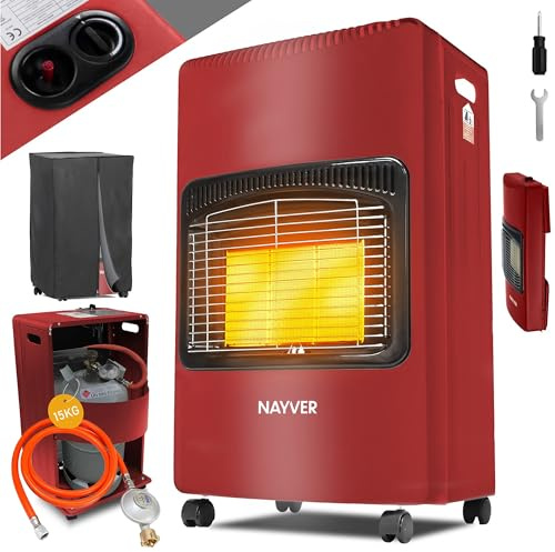 NAYVER® Gasheizung 4200 Watt Heizstrahler, rot | Gasofen mit Keramik Gasheizer, inkl. Gasdruckregler und Gasschlauch, Infrarot Keramikbrenner
