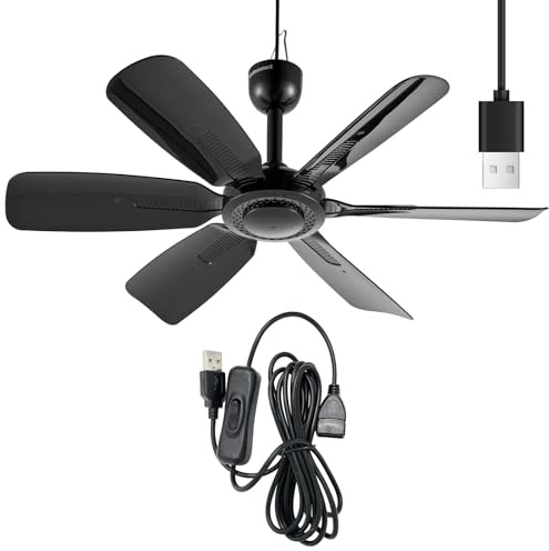 bestmoument Piccolo ventilatore da soffitto portatile da 45 cm con interruttore ON/OFF, spina USB, alimentazione 5 V CC, 6 pale, tenda da campeggio per interni ed esterni, gazebo, spiaggia, appeso