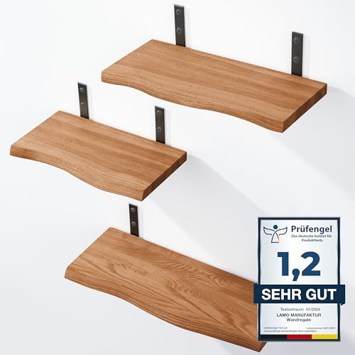 LAMO Manufaktur 3 Stück Wandregal Holz 40/35/30cm | Schweberegal Massiv 100% Echtholz | Hängeregal für Wohnzimmer, Schlafzimmer, Küche, Büro, Badezimmer | Wandregale Set 1 Baumkante Farbe: Dunkel
