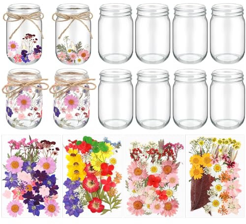 Tinideya 154-teiliges Einmachglas-Set zum Selbermachen, gepresste Blumenlaternen, 340 ml, Einmachglas, 140 Stück, natürliche, echte gepresste Blumen für Kindergarten, Kerzen, Laternen, Basteln,