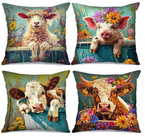 Bathtub Animals Picture Cushion Covers Ovine Pig Cow with Floral Hoop Artwork Pillow Decorative 18x18inch Set of 4 Cute Animals Bath Tub Art Pillow Covers Throw Pillow Cases for Sofa Living Room Gift