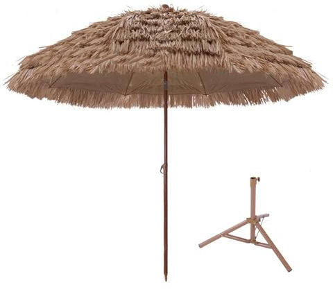 DJJYCTNM Parasol Plage, Parasol Exotique Paille, Parasol Paille, avec Manivelle, Inclinaison Automatique, Protection UV, pour Patio, Piscine et Plage, avec Trépied Pliable (Size : 240cm/94in)
