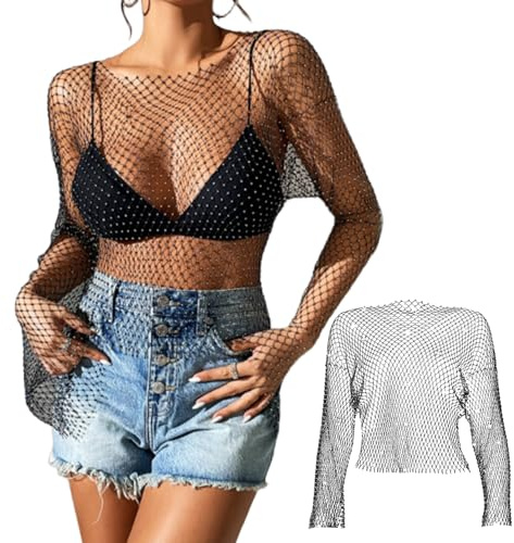 SLAXJNE Camicetta A Rete Nera in 1 Pezzo, Maniche Lunghe con Strass Glitterati, Camicetta Sexy A Rete Trasparente, Camicetta con Scollo Tondo in Cristalli, Abbigliamento Formale