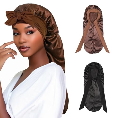 Mtbricey Satin Haarhaube Extra Lange Seiden Schlafhauben für Damen Verstellbar Satin Schlafmütze mit Elastisches Band Seiden Haarhaube zum Schlafen Haarhaube für Langes Lockiges Haar Zopf