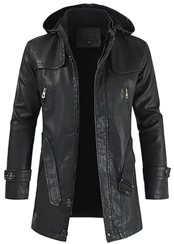 Giacca in pelle da uomo, cappotto lungo 3/4 con cappuccio rimovibile, giacca parka lunga nera, gabardina nera da uomo, cappotto con cappuccio antivento safari, cappotto, Nero , L
