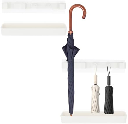 VAVPUP 2-Pack Wall-Mounted Umbrella Stand & Holder,Drip-Free Drainage 2-Tier Storage,ABS Modern Organiser for Entryway,Hallway,Home Office - Space-Saving Design (White)