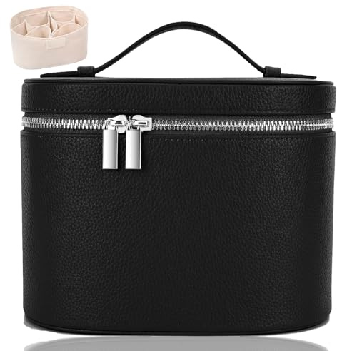 IEMIEBOAMGNOY Make-up-Tasche aus Leder mit Fächern, braune Reise-Kosmetiktasche für Damen, parallele Make-up-Reisetaschen, Organizer ausgestattet mit Einer abnehmbaren Trennwand, Schwarz