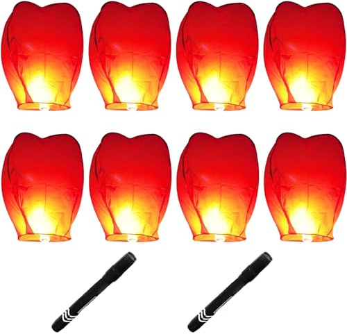 8 Pcs Chinese Lanterns with Wax Blocks and Markers Set, Chinese Sky Lanterns, Lanterns to Release in Memory, Red Lanterns for Outdoor Celebrations, Ideal for Weddings Anniversaries and Valentine's Day