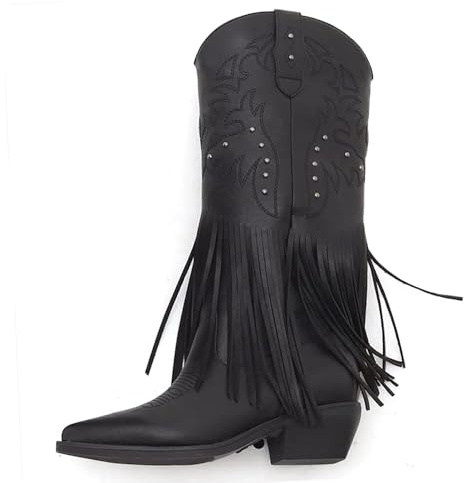 IF Stivali texiani western donna con frange punta affusolata cowgirl boho chic moda country eleganti MP2702-2 Nero N.41