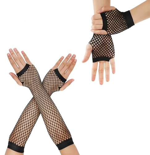 2 Pairs Black Fishnet Gloves Fingerless 80s Fingerless Fishnet Arm Sleeves