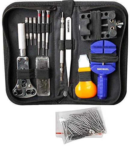 MMOBIEL 144-teiliges Uhrmacherwerkzeug Set - Uhr Reparatur - Uhrmacher-Reparatur-Set mit Uhren Öffner, Federstiftstegen und Gehäuseöffner, Schraubenschlüssel zum Einlegen von Batterien