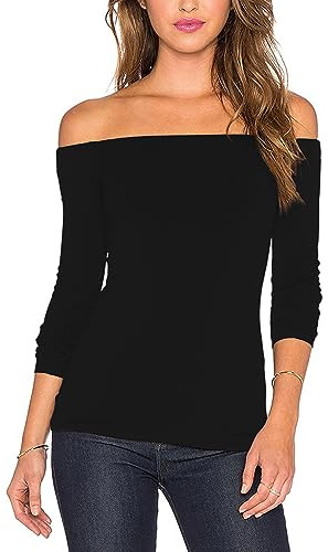 Women's Sexy Slim Fit Stretchy Off Shoulder Long Sleeve Blouse Tops Shirt Black M