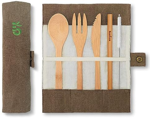 Bamboo Cutlery Set | Wooden Cutlery | Eco-Friendly Cutlery Set | Knife, Fork, Spoon & Straw | Travel Cutlery | Camping Cutlery with Storage Cover | Olive | Bambaw