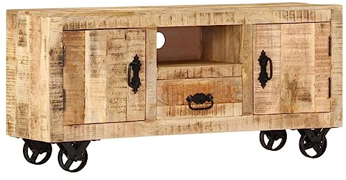 vidaXL TV Cabinet Solid Rough Mango Wood Vintage-Style with Ample Storage Space, Easy Movement Iron Wheels, Versatile Use such as Sideboard, Lowboard