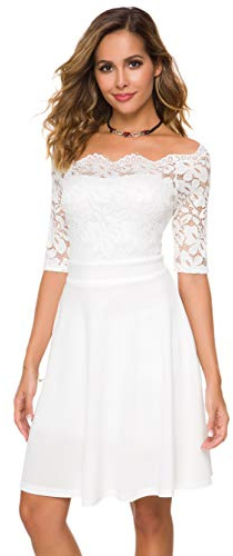 Atnlewhi Womens Vintage Lace Off Shoulder Puffy Swing Dresses Sexy Mini Dress for Party Cocktail,Swing-White,S