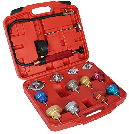 Wiltec Universal Kühlsystemtester 14-teilig mit farbkodierten Kühlertestkappen & Testpumpe, Kühlsystementlüfter Kühlsystembefüller Kühlsystemprüfer