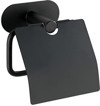 WENKO Toilettenpapierhalter Mod. Turbo-Loc Orea zur Wandmontage ohne Bohren aus Edelstahl mit Deckel matt schwarz modernes Klebesystem im Industrial Chic für Bad und WC Maße 14 x 12,5 x 7 cm rostfrei