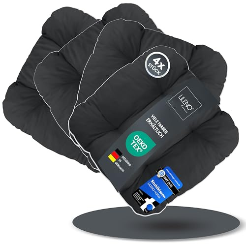 LILENO HOME 4er Set Stuhlkissen Schwarz (38x38x8 cm) - Sitzkissen für Gartenstuhl, Küche oder Esszimmerstuhl - Bequeme UV-beständige Indoor u. Outdoor Stuhlauflage als Stuhl Kissen