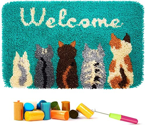 ROCKY&CHAO Kits de crochets de loquet pour tapis, coussins, kits de crochet pour décoration d'intérieur, bienvenue 62 x 40 cm (Cinq Chatons)
