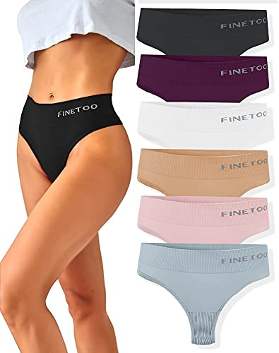 FINETOO 6 Pack High Waisted Thongs for Women, Nylon Spandex Panties Breathable Soft Stretchy Underwear High Rise S-XL (M)