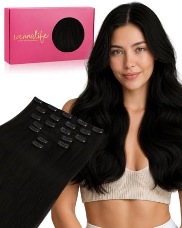 WENNALIFE Clip in Extensions Echthaar, 60cm 24 Zoll 120g 7pcs Tief Schwarz Hair Extensions Clip in Echthaar Remy Clip in Haarverlängerung Natürliche Echthaar Extensions