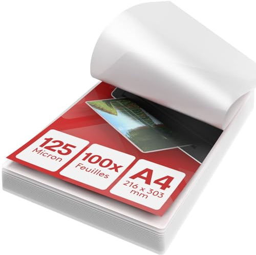 ACROPAQ Feuille plastifieuse A4 - Pack de 100 pochettes de plastification, 2x125 (250) micron, Finition brillante, Coins pré-arrondis - Papier plastifieuse A4, Pochette a plastifier, Film à plastifier