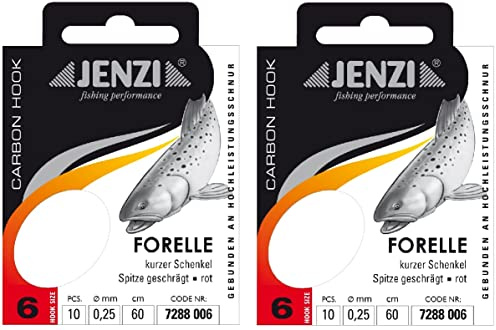 Spar-Set: 2 Packungen JENZI gebundene Forellenhaken (20 Stück) r Mono, 60cm Hakengröße 4, 6, 8, 10 & 12 je nach Auswahl + gratis Petri Heill! Aufkleber
